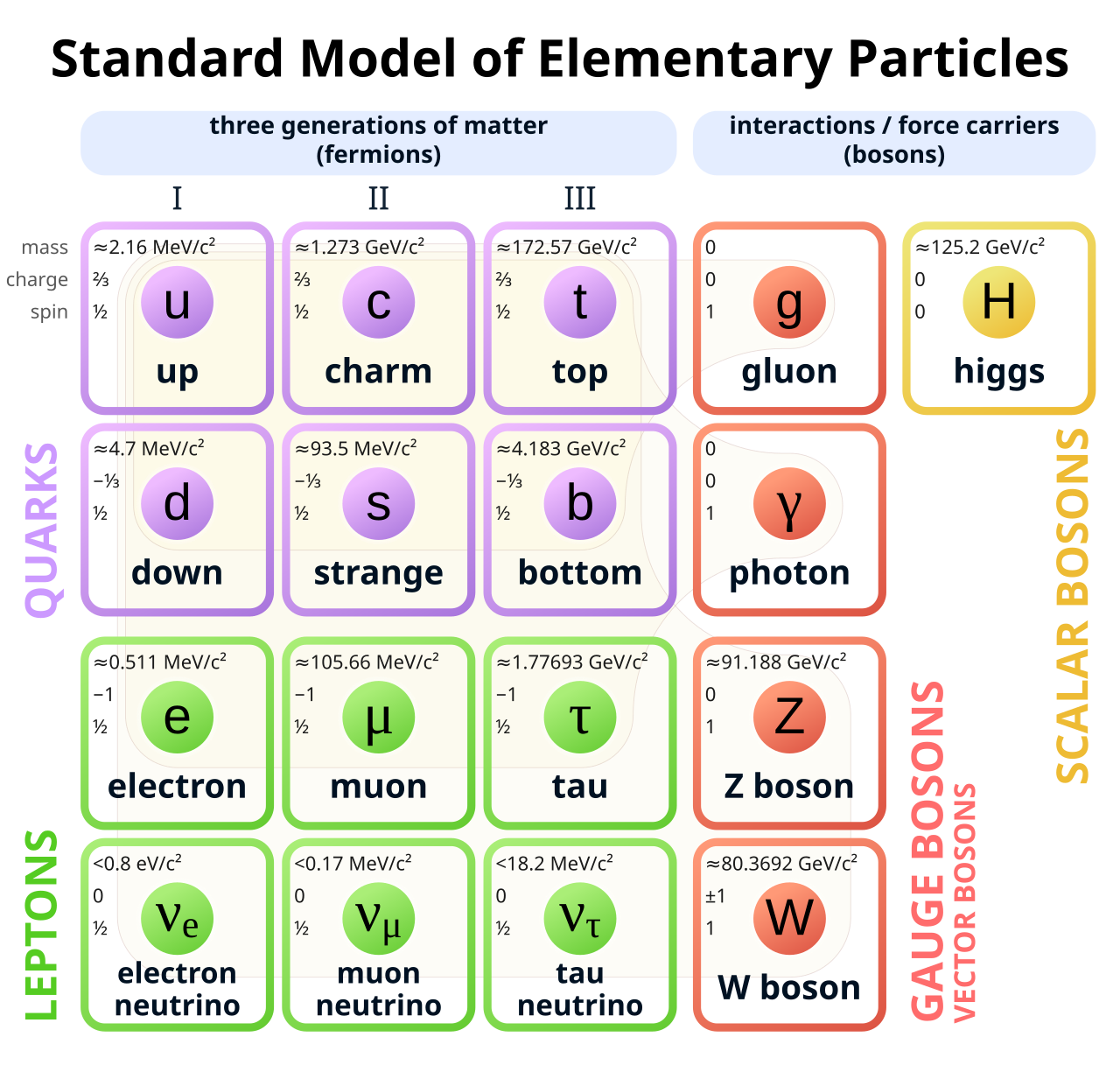 Standard Model of Elementary Particles chart showing quarks, leptons, and bosons