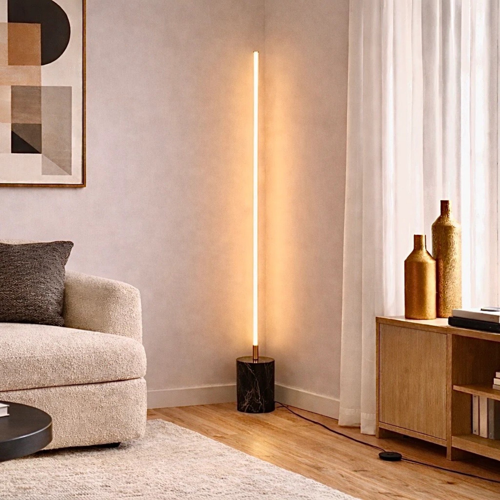 Prism Brassed Gold LED Floor Lamp With On Off  Faux Marble Base