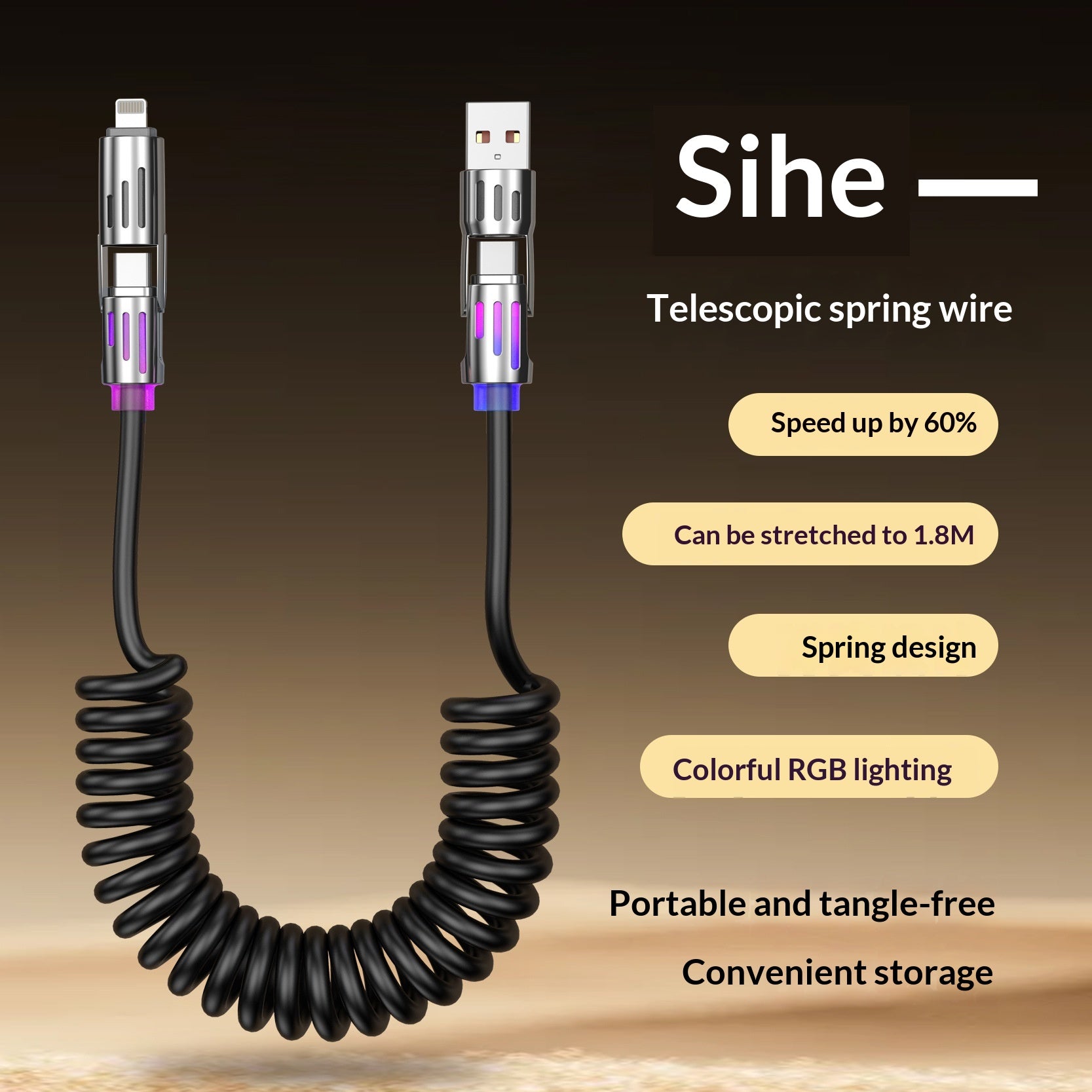4-in-1 Charging Cable — LED Light Strip Spring Design 65W