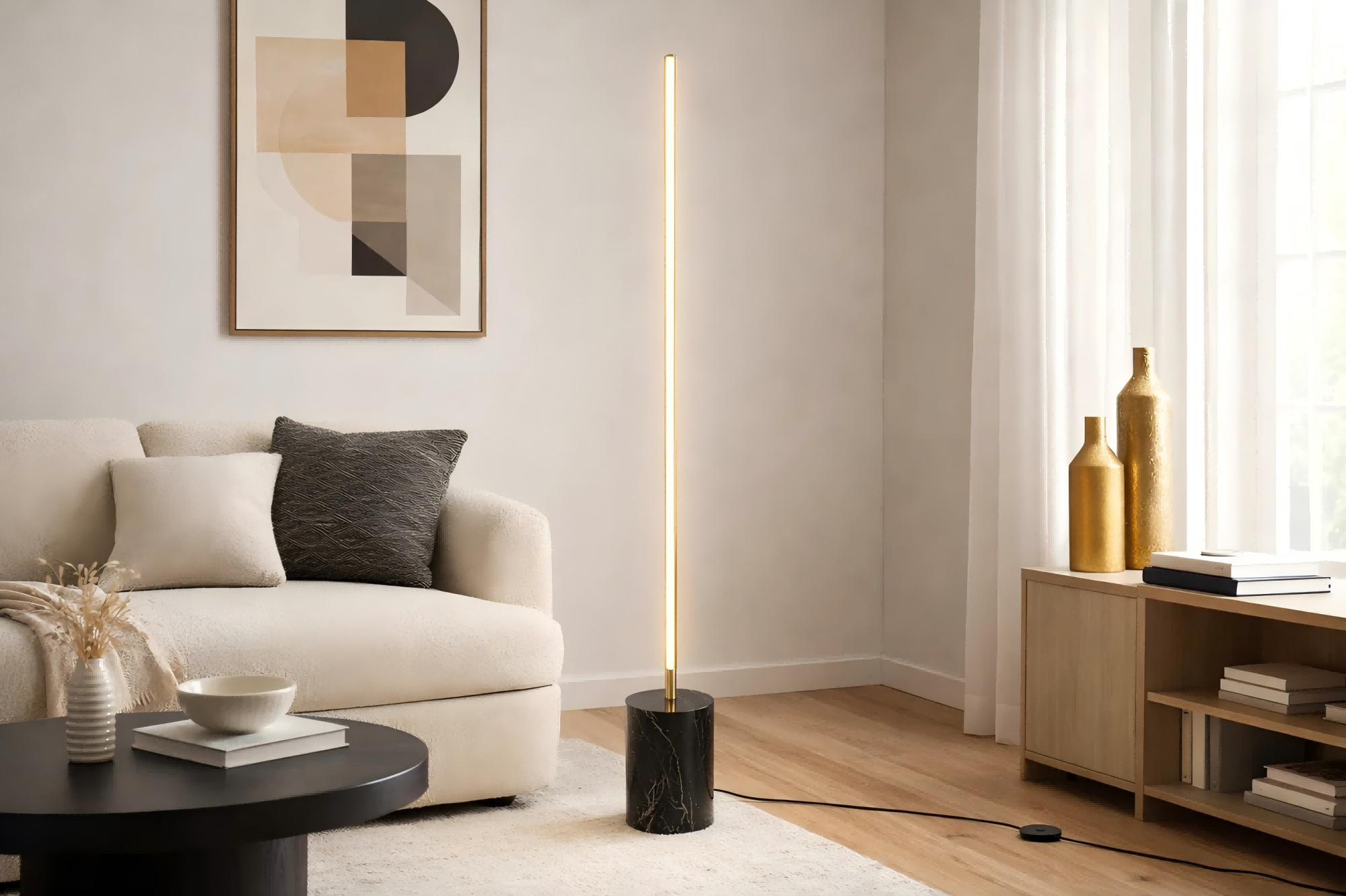 Prism Brassed Gold LED Floor Lamp With On Off  Faux Marble Base