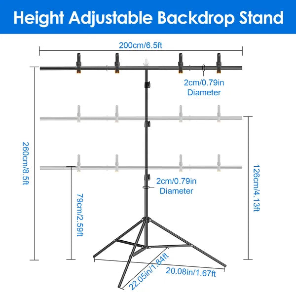 6.5x8.5FT T-Shape Photo Video Backdrop Stand Heavy Duty Background Stand Adjustable Photography Backdrop