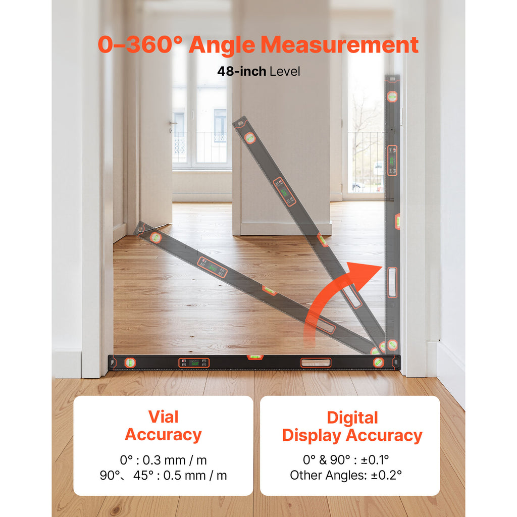 Digital Level, 48 In Length, Magnetic Electronic Level With LED Backlit Display, 360 Electronic Leveler Tool With 0 45 9