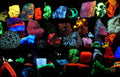 Fluorescent minerals glowing under ultraviolet light
