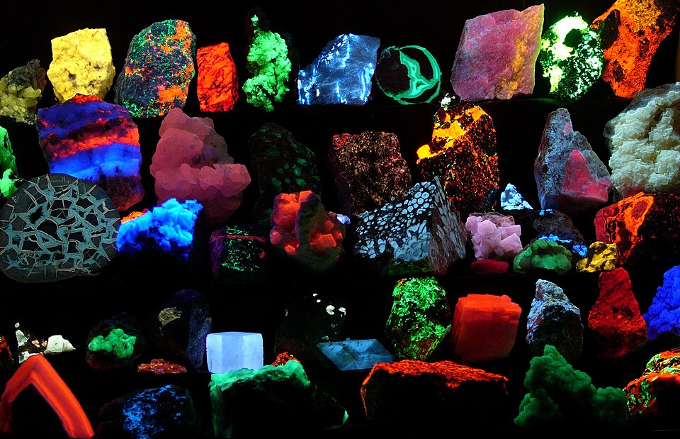 Fluorescent minerals glowing under ultraviolet light