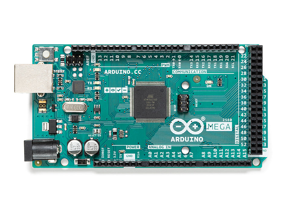 Arduino Mega 2560 R3 — ATmega2560 microcontroller development board, front view