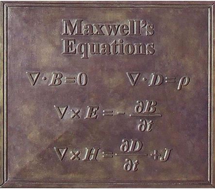 James Clerk Maxwell statue with his famous electromagnetic equations inscribed in stone