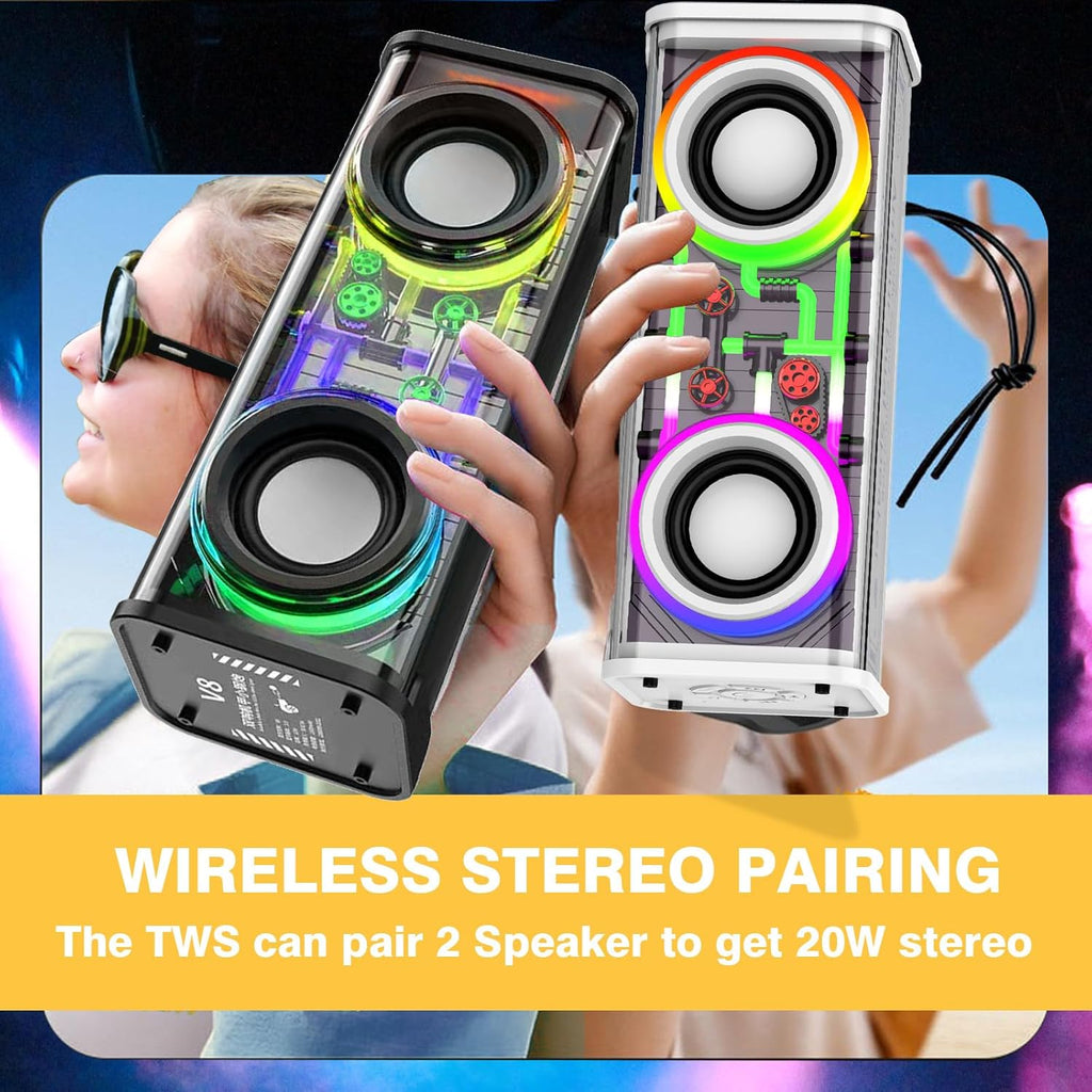 Portable Bluetooth Speaker With LED Lights&Transparent Casing, Bluetooth 5.3 Wireless Outdoor Speakers Support TWS Pairi