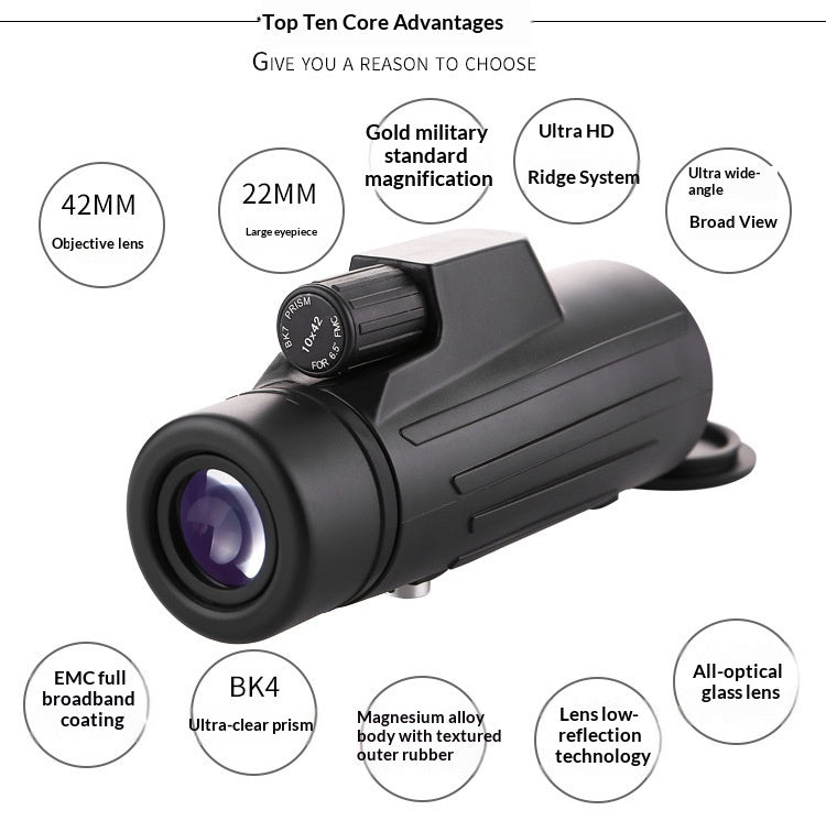 10x42 High Power HD Large Eyepiece Nitrogen-filled Monocular Telescope