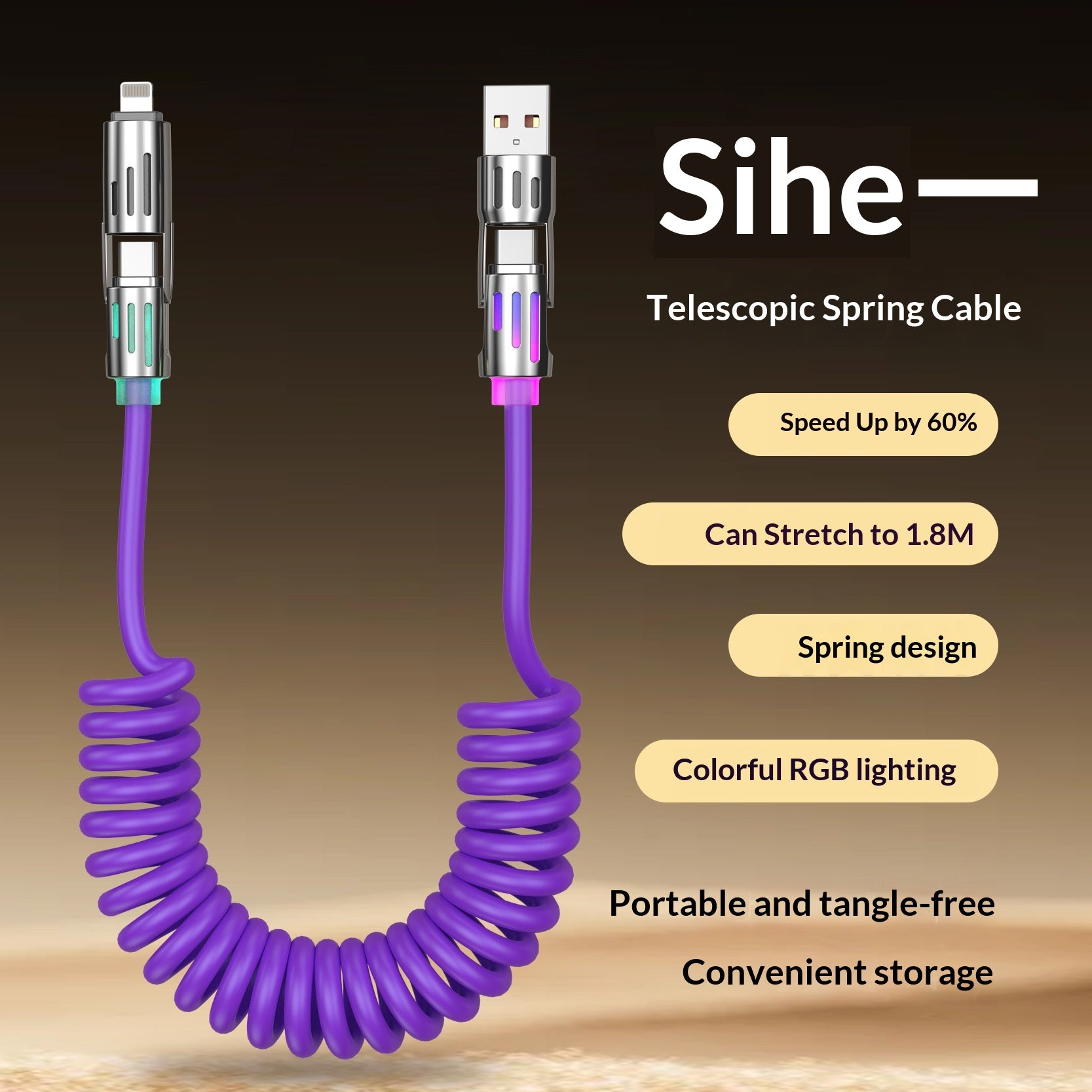 4-in-1 Charging Cable — LED Light Strip Spring Design 65W