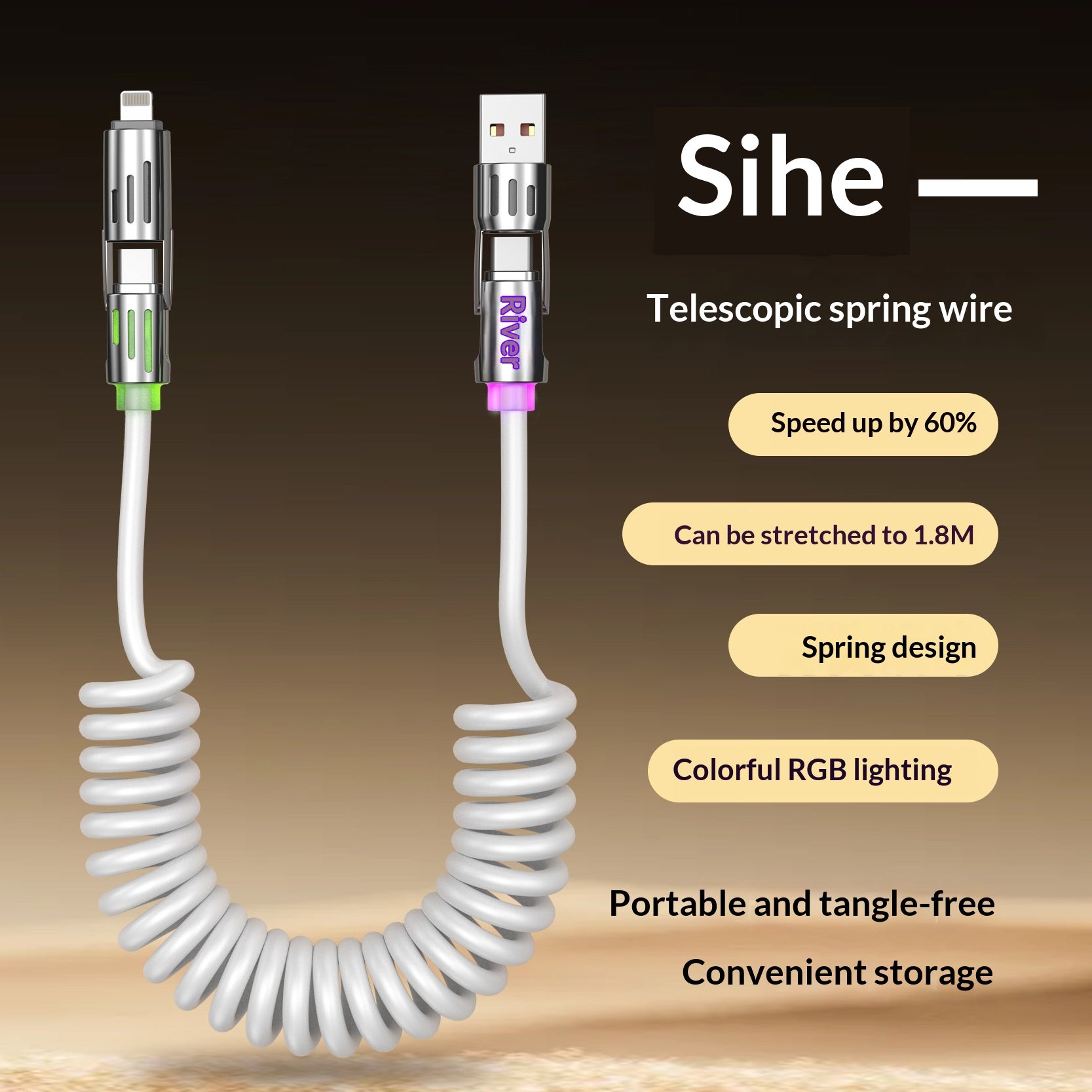 4-in-1 Charging Cable — LED Light Strip Spring Design 65W