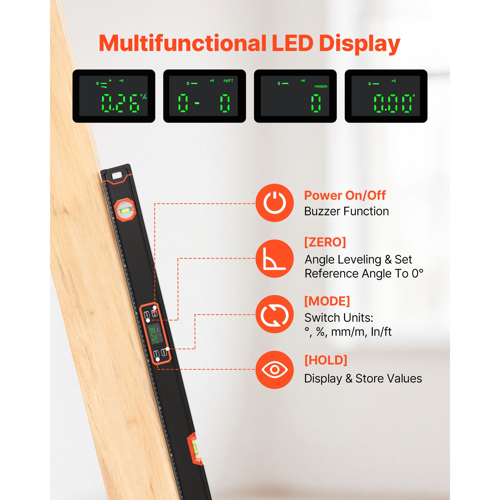 Digital Level, 48 In Length, Magnetic Electronic Level With LED Backlit Display, 360 Electronic Leveler Tool With 0 45 9