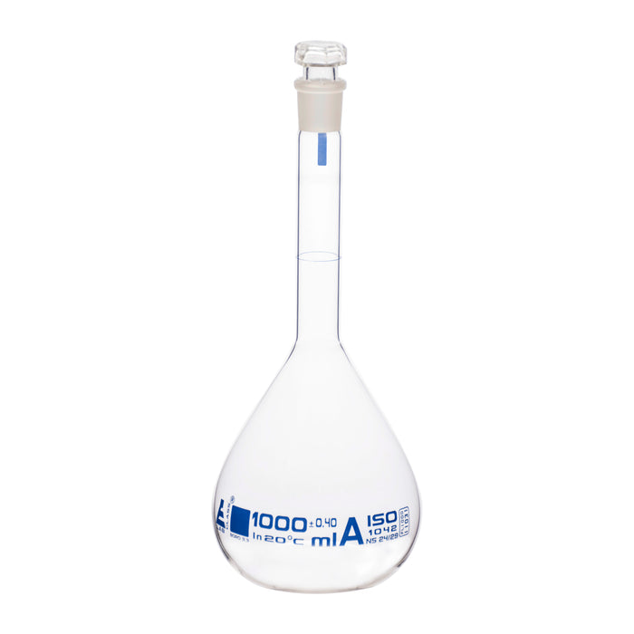 Volumetric flask 1000mL Class A borosilicate glass stopper ISO certified